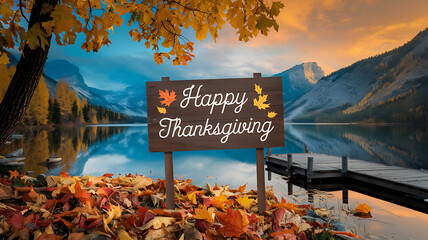 Autumn leaves and a wooden sign with Happy Thanksgiving on a lake with mountains in the background. 
Thanksgiving holiday greeting card. 
