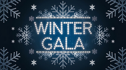 Sparkling white text on a dark blue background with snowflakes, a festive winter gala invitation. 
