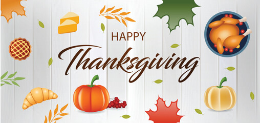 Happy Thanksgiving food, pie, autumn leaf, pumpkin, bagel, bun, set of icons for greeting card, party invitation poster