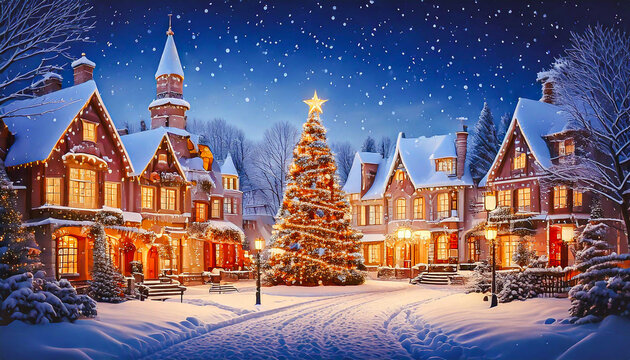 snowy village in night with houses, christmas tree with christmas bokeh lights, lanterns and illuminated houses. 3D-Illustration holiday illumination and decoration concept