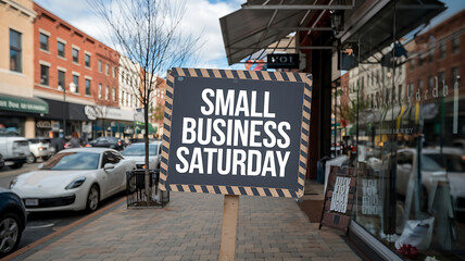 Black and white sign with yellow stripes, Small Business Saturday, downtown shopping event. 

