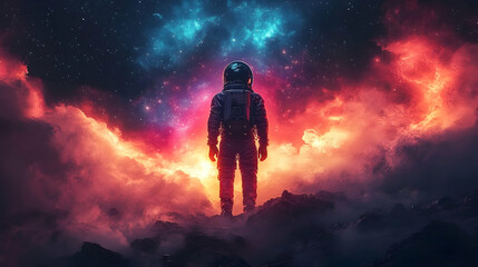 Obraz premium Astronaut gazing at a vibrant cosmic landscape.