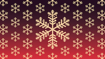 Gold snowflakes on red gradient background, festive winter pattern. 
