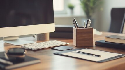A modern workspace featuring a computer, stationery, and organized desk items.