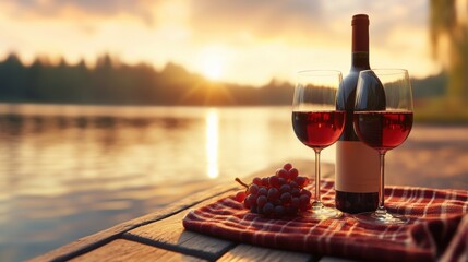 Wine glasses and a bottle on a lakeside table at sunset create a serene atmosphere, AI