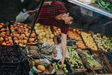 Group of friends exploring a vibrant market, choosing fresh fruits and vegetables from a friendly greengrocer. Capturing the essence of healthy living and community shopping.