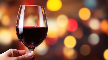 A hand holds a glass of red wine against a backdrop of colorful bokeh lights, AI