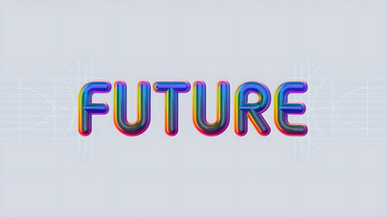Rainbow colored FUTURE text on a white background, futuristic design, technology and innovation. 
