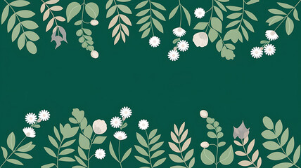 Green leaves and white flowers on a dark green background, minimalist floral design, spring nature, perfect for invitations and greeting cards. 
