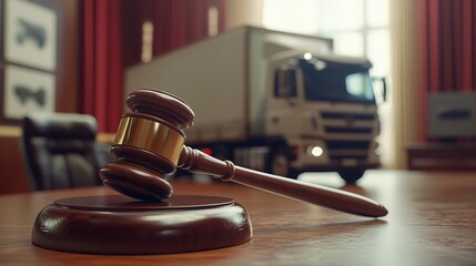 A wooden gavel rests on a table in a courtroom, with a truck blurred in the background