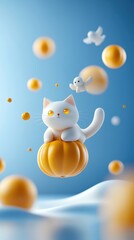 Obraz premium Ghostly cat, floating with pumpkin, cartoon spooky style