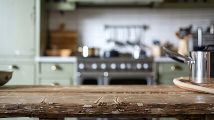 Rustic wooden table top with green cabinets and silver kitchenware, showcasing a cozy kitchen setting for food photography. 
