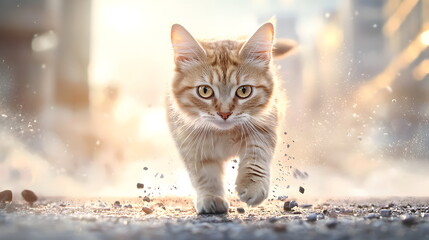 A Kitten's Leap of Faith: A tiny, orange tabby kitten leaps through a shattered window, bathed in golden light, a symbol of resilience and hope.