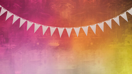 White bunting flags on a pink and yellow blurred background, festive celebration backdrop. 
