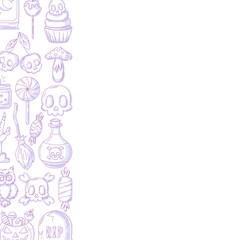 Halloween minimalist vector square poster, space for text. Left side frame with spooky, scary purple icons from pumpkin, skull, bones, broom. For card, banner, invitation, social media, party or note