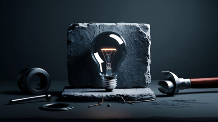 A glowing lightbulb on a grey stone, representing innovation and inspiration. 
