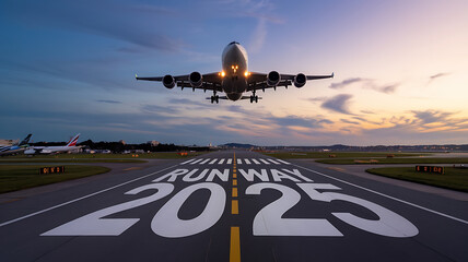 White airplane landing on runway with 2025 written on it, blue sky and sunset representing new year travel and hope. 
