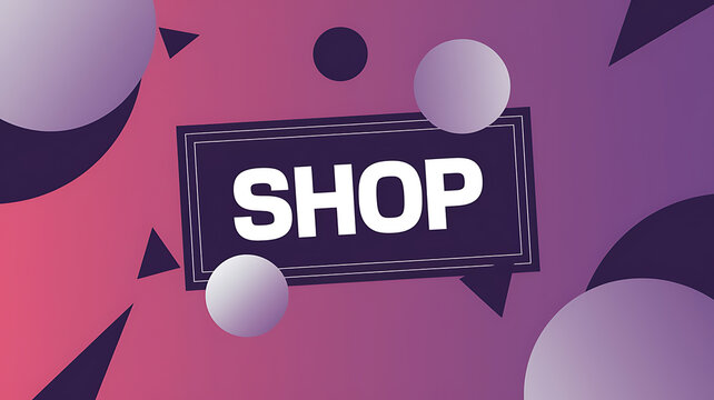 Purple and white geometric shapes with a "SHOP" call to action - Modern and minimalist design for online shopping. 
