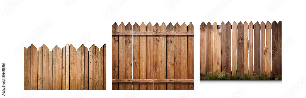Poster A wooden fence with pointed top rails. The fence is made of vertical planks. There is a small opening in the fence, with grass visible through it.
