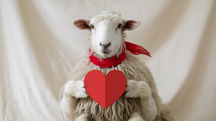 Cute sheep holding red heart, Valentine's Day, love and affection. 
