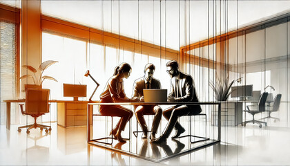 In an office, employees are meeting at their desks