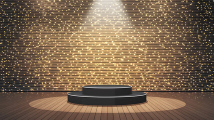 Black podium with spotlight on a wooden background with golden lights for product display and promotion. 
