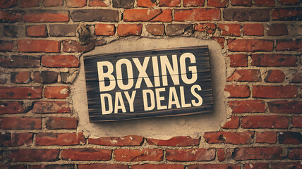 Fototapeta premium Rustic wooden sign with white text on brick wall, Boxing Day deals, holiday shopping. 
