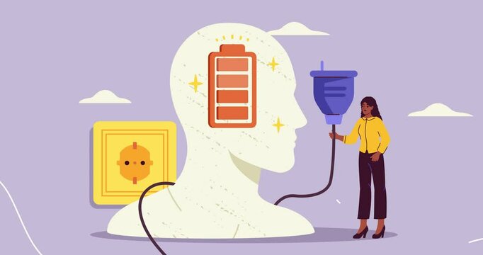 Emotional burnout. Moving banner with woman holding power plug and charging social battery. Mental health and psychological problems. Treating stress or depression. Cartoon flat animated graphics
