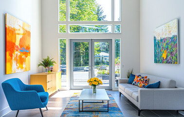 modern and playful small home, bright white walls with accent wall painted in blue color of the year nice large window to outside patio with black steel door