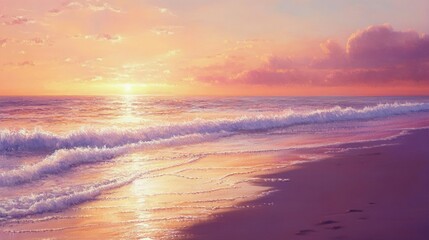 A serene beach at sunrise with gentle waves and the sky painted in shades of pink, orange, and gold.