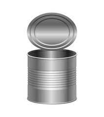 Tincan. Metal can. Open tin can. Vector 3D clipart isolated on white background.