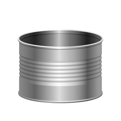 Tincan. Metal can. Open tin can. Vector 3D clipart isolated on white background.
