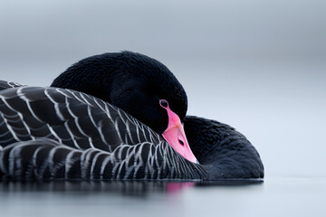 Naklejka premium Black Swan Tucked In Underneath | Captivating Wildlife Imagery and Serene Nature Photography