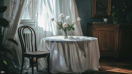 A cozy room features a round table draped in a white cloth, adorned with a vase of fresh flowers