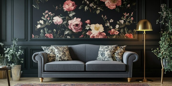 Fototapeta Grey sofa with floral wallpaper, gold lamp, and potted plants in a living room.