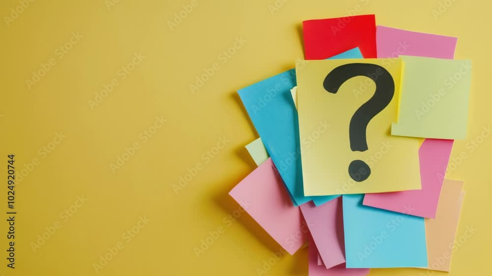 Poster Large question mark is displayed on a yellow sticky note resting on a pile of colorful sticky notes on a bright yellow background