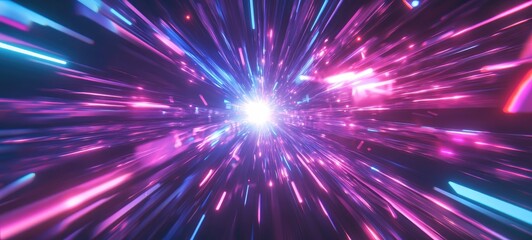 A vibrant explosion of neon pink and purple light streaks through space, creating a tunnel effect. The dynamic lines converge toward a bright central point, evoking a sense of speed and futuristic mot