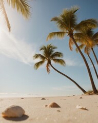 Fototapeta premium Serene Beach with Sunlight and Palm Trees.