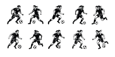 Black and white silhouettes set of male and female soccer players running and dribbling in dynamic poses. Isolated on a white background.