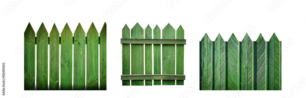 Poster three sections of a green wooden fence, with each section featuring a different pattern.
