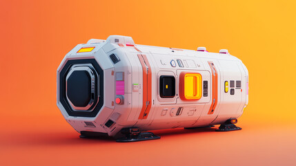 Futuristic spacecraft prototype, vibrant orange background, sleek design showcasing advanced technology and innovation in space travel.