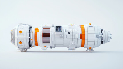 A detailed model of a futuristic spacecraft featuring a sleek design with orange accents, set against a white isolated background.