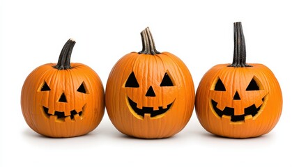 Fototapeta premium Three carved Halloween pumpkins with smiling faces on a white isolate background.