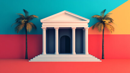 A modern architectural structure with columns, flanked by palm trees, set against a vibrant, colorful background.