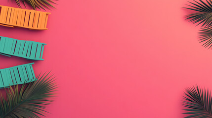 Vibrant beach scene with colorful beach chairs and tropical leaves on a pink background, perfect for summer vibes and relaxation themes.