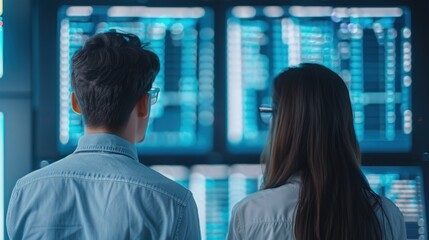 Two professionals analyzing data on large screens in a modern office environment, representing technology and collaboration.