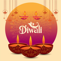 Naklejka premium the word Diwali in a vibrant stylized font with decorative elements A diya is below the word a star hangs above and a mandala design is in the cream background conveying joy and celebration 