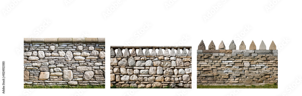 Aufkleber a stone wall with three distinct sections, featuring a mix of smooth and rough stones, with a decora