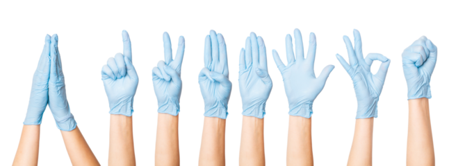 Set of hands in medical gloves in a prayer position, fist, and showing numbers one, two, three, four, and five on an empty background. Gestures, communication, healthcare themes.