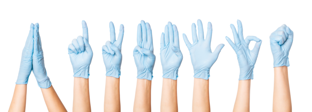 Set of hands in medical gloves in a prayer position, fist, and showing numbers one, two, three, four, and five on an empty background. Gestures, communication, healthcare themes.